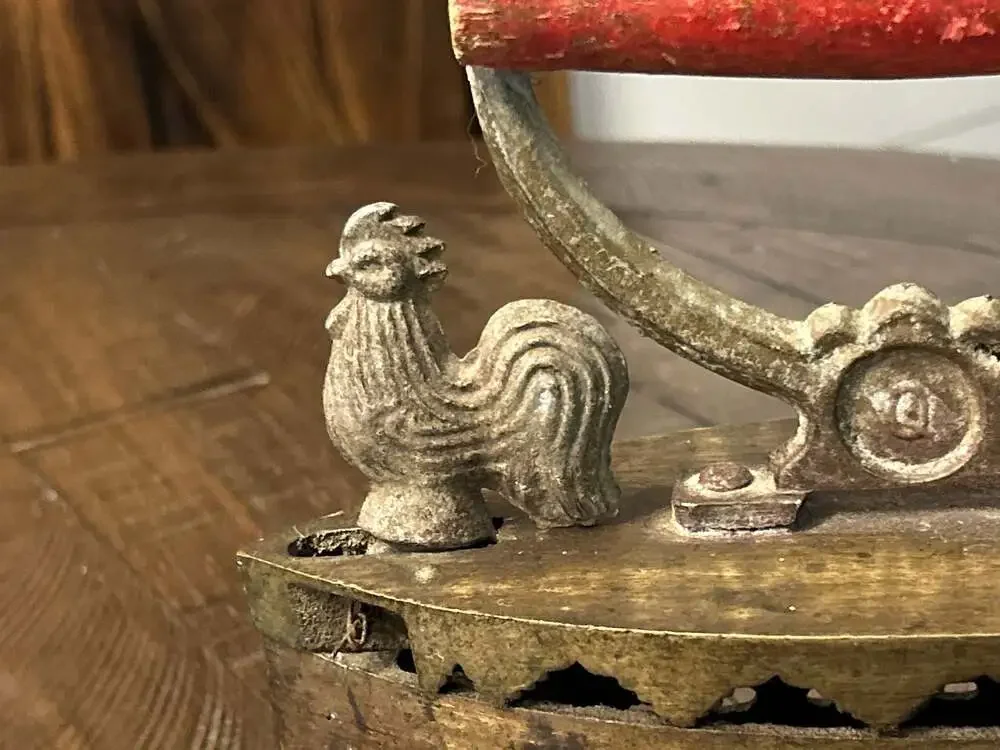 Vintage Charcoal Sad Iron with Rooster Finial and Red Wooden Handle
